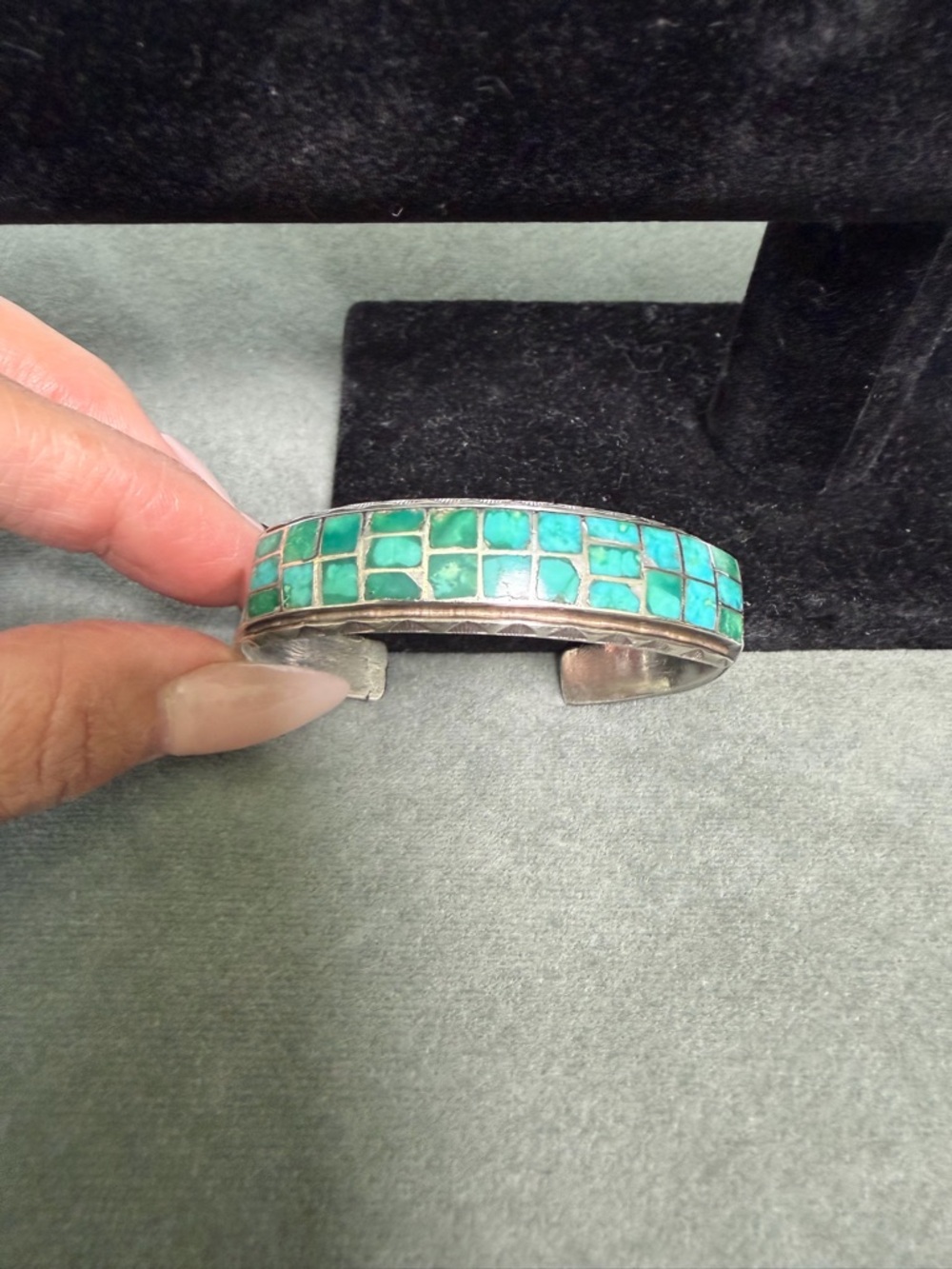 Turquoise Inlay Sterling Silver Bangle - Women's Jewelry - Picture 6 of 11